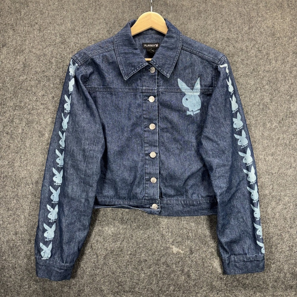 Vintage Y2K Playboy Bunny Denim Jean Jacket Shirt Women's Small Cropped Blue